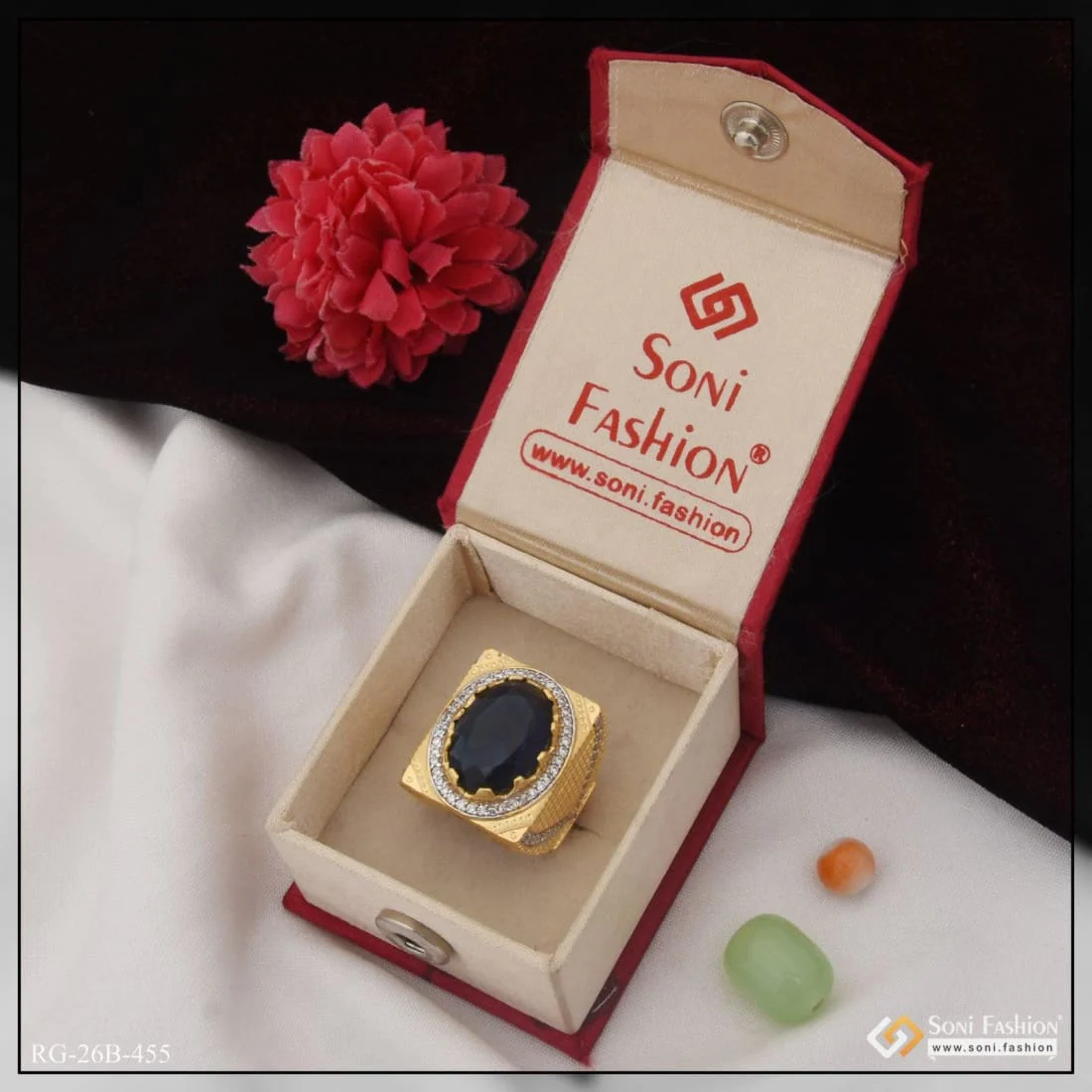 1 Gram Gold Plated Blue Stone with Diamond Best Quality Ring for Men - Style B455 - Image 3