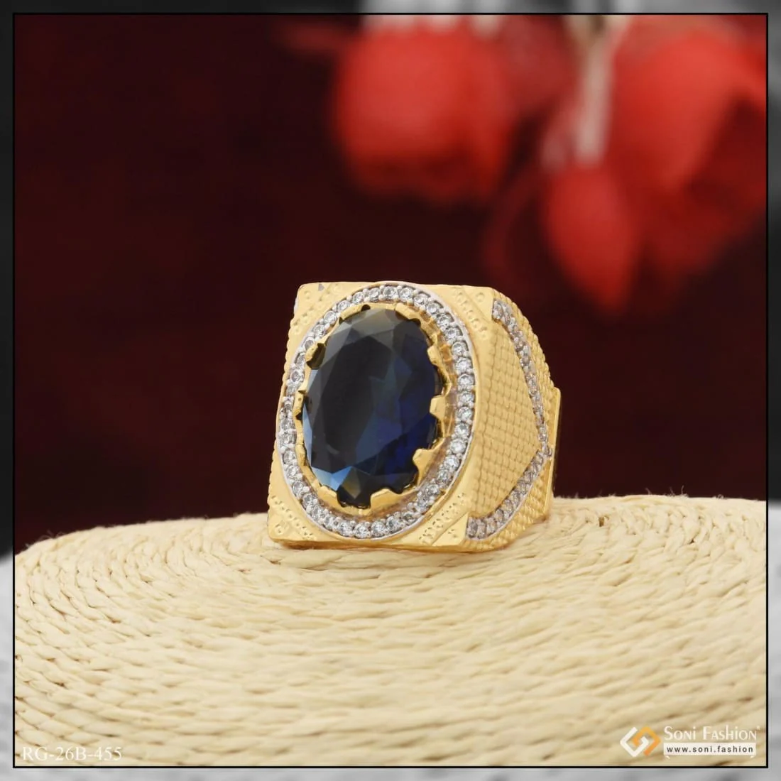 1 Gram Gold Plated Blue Stone with Diamond Best Quality Ring for Men - Style B455 - Image 4