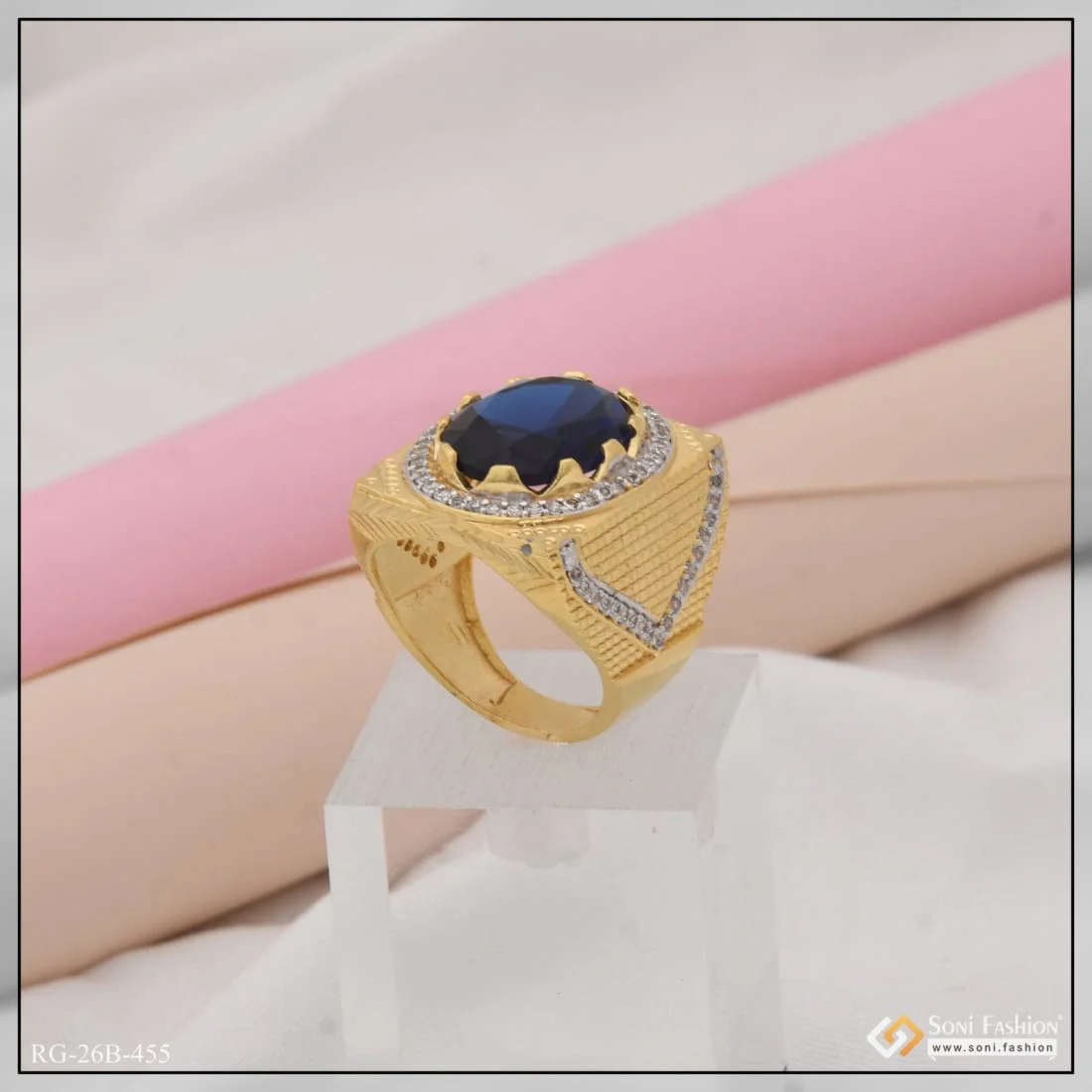1 Gram Gold Plated Blue Stone with Diamond Best Quality Ring for Men - Style B455 - Image 5