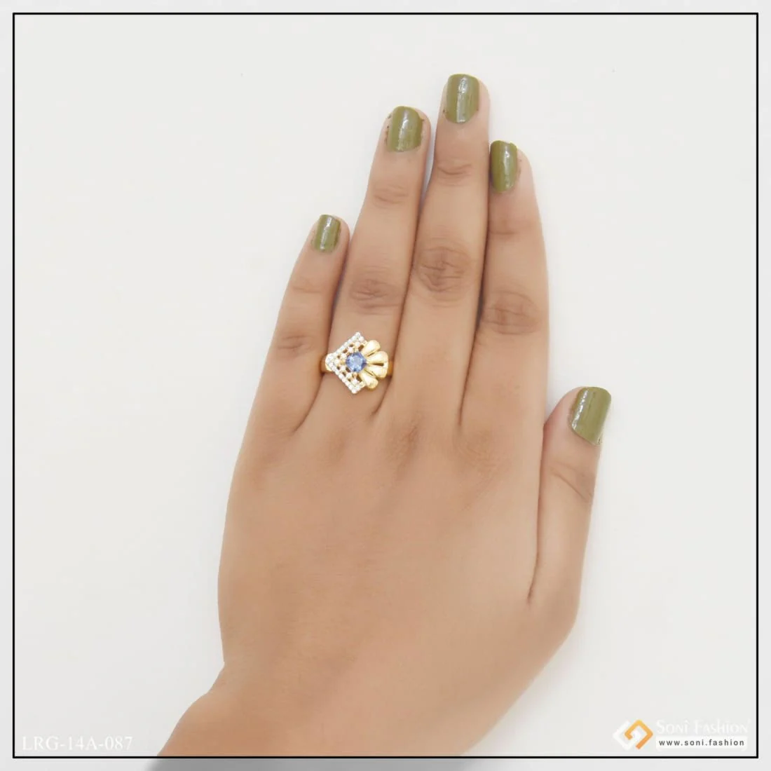 1 Gram Gold Plated Blue Stone With Diamond Designer Ring For Ladies - Style Lrg-087 - Image 2