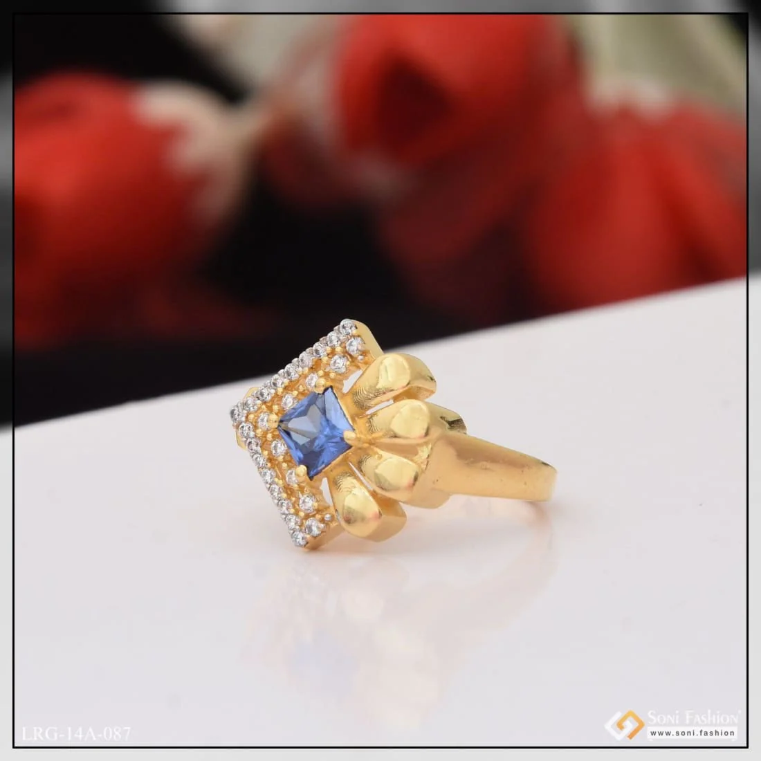 1 Gram Gold Plated Blue Stone With Diamond Designer Ring For Ladies - Style Lrg-087 - Image 3