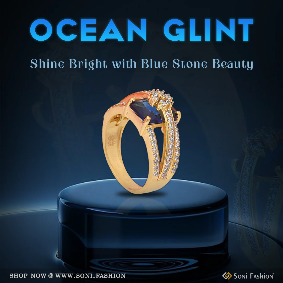 1 Gram Gold Plated Blue Stone With Diamond Fancy Design Ring For Lady - Style Lrg-074