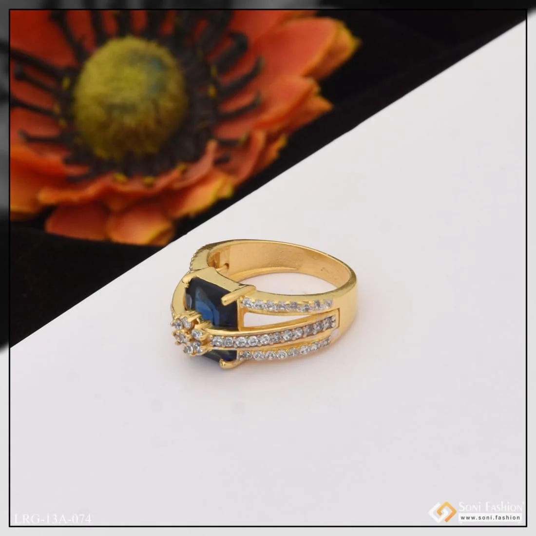 1 Gram Gold Plated Blue Stone With Diamond Fancy Design Ring For Lady - Style Lrg-074 - Image 3