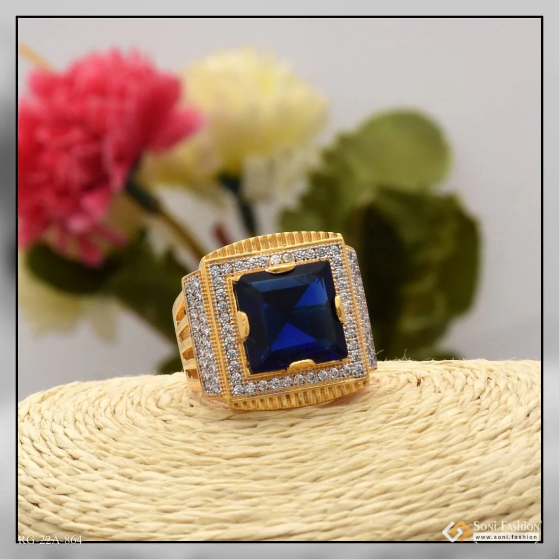 1 Gram Gold Plated Blue Stone With Diamond Fashionable Design Ring - Style A864 - Image 3