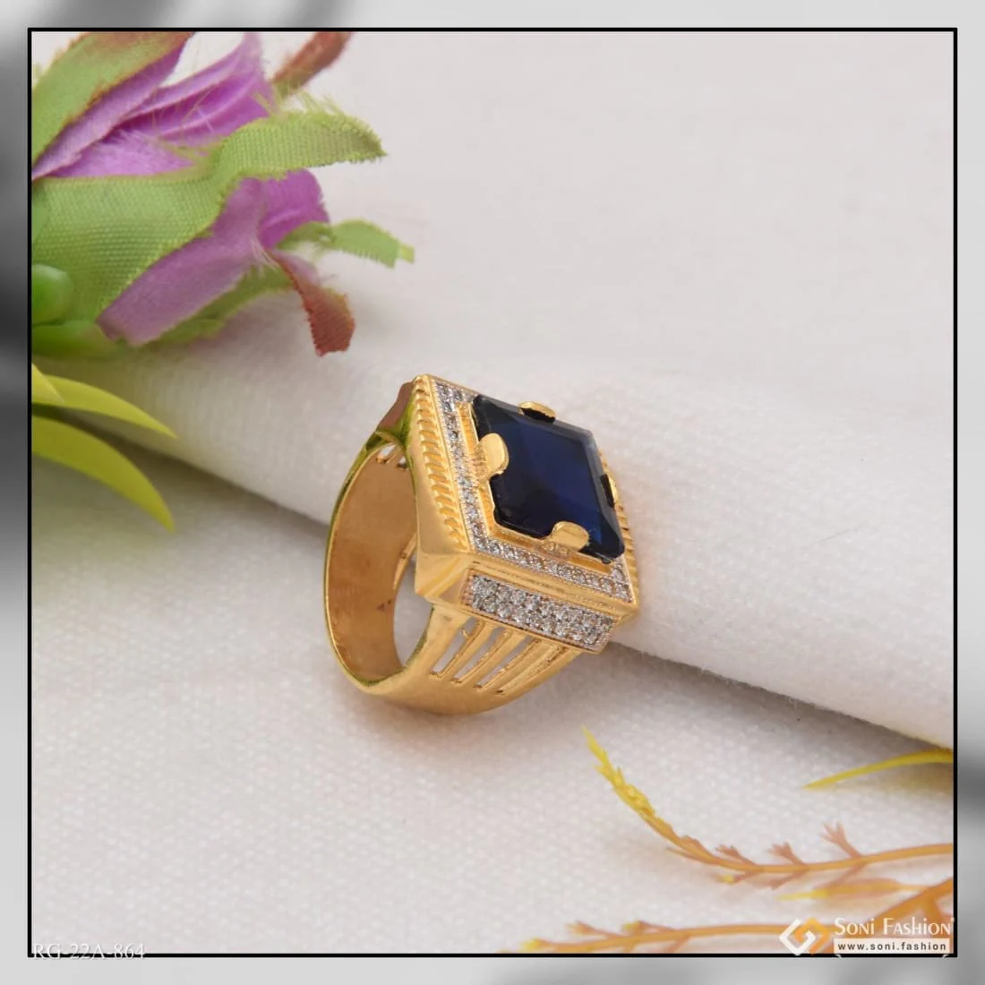1 Gram Gold Plated Blue Stone With Diamond Fashionable Design Ring - Style A864 - Image 4