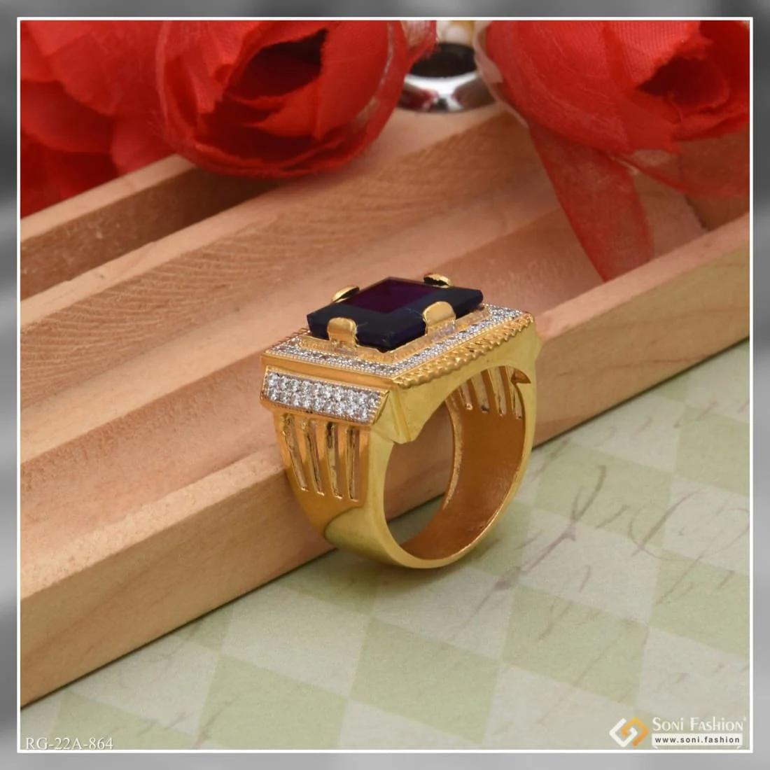1 Gram Gold Plated Blue Stone With Diamond Fashionable Design Ring - Style A864 - Image 5