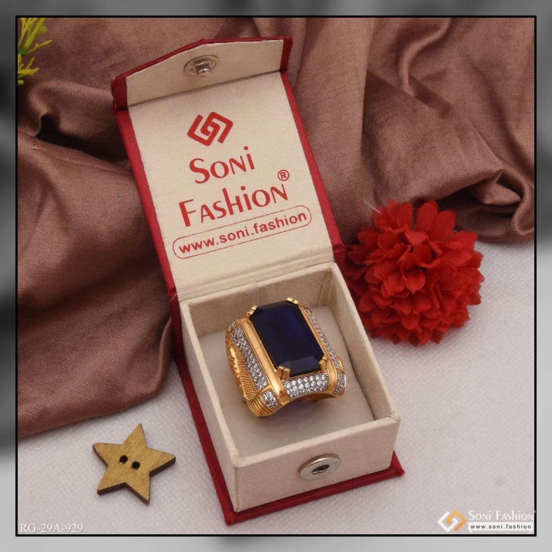 1 Gram Gold Plated Blue Stone with Diamond Fashionable Design Ring - Style A929 - Image 4