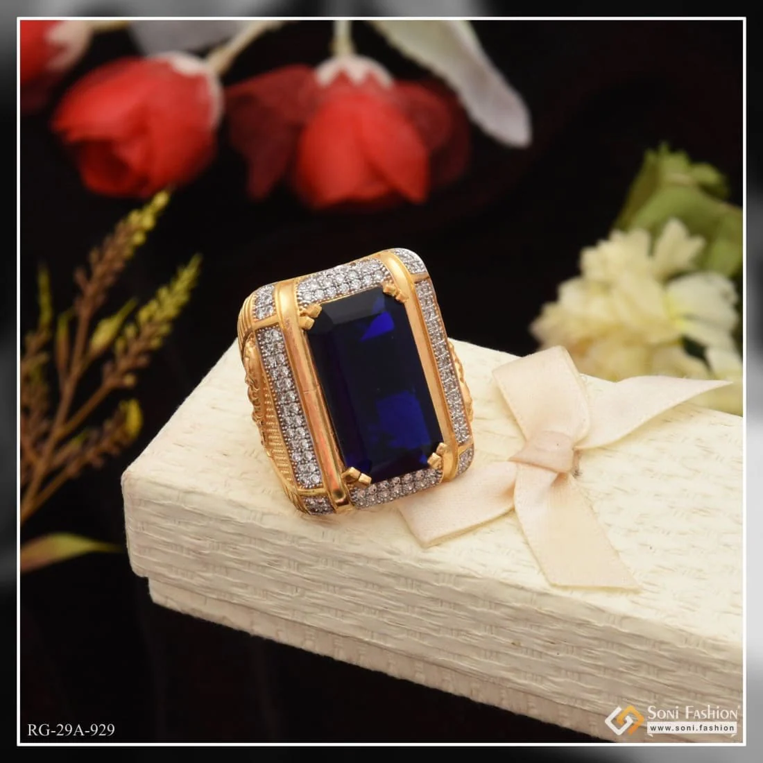 1 Gram Gold Plated Blue Stone with Diamond Fashionable Design Ring - Style A929 - Image 5