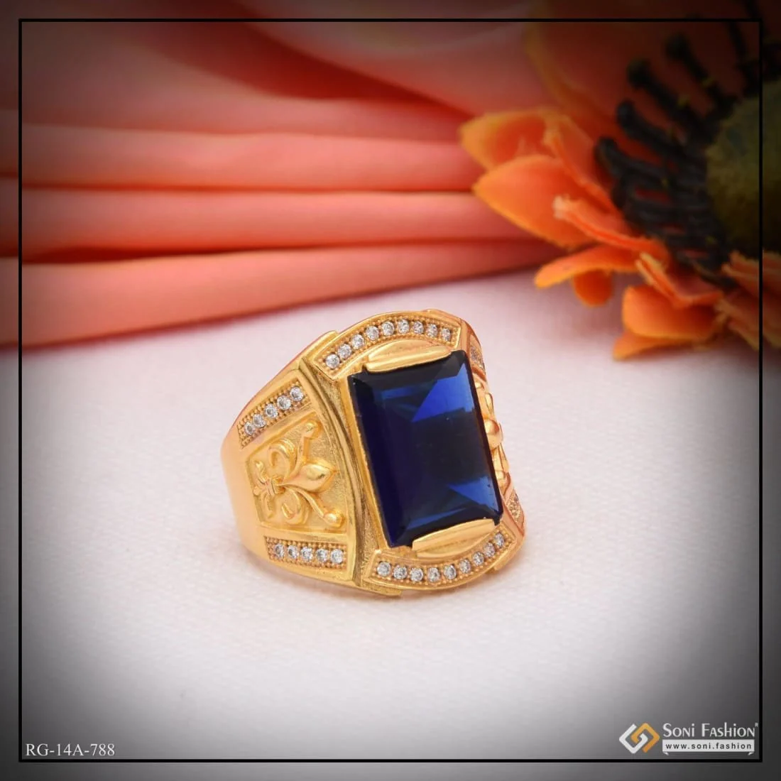 1 Gram Gold Plated Blue Stone With Diamond Funky Design Ring For Men - Style A788 - Image 2