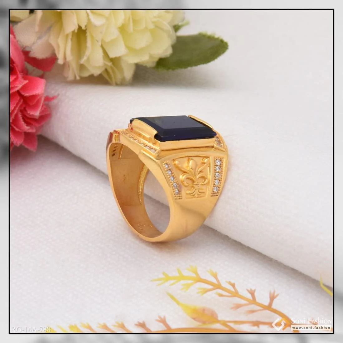 1 Gram Gold Plated Blue Stone With Diamond Funky Design Ring For Men - Style A788 - Image 4