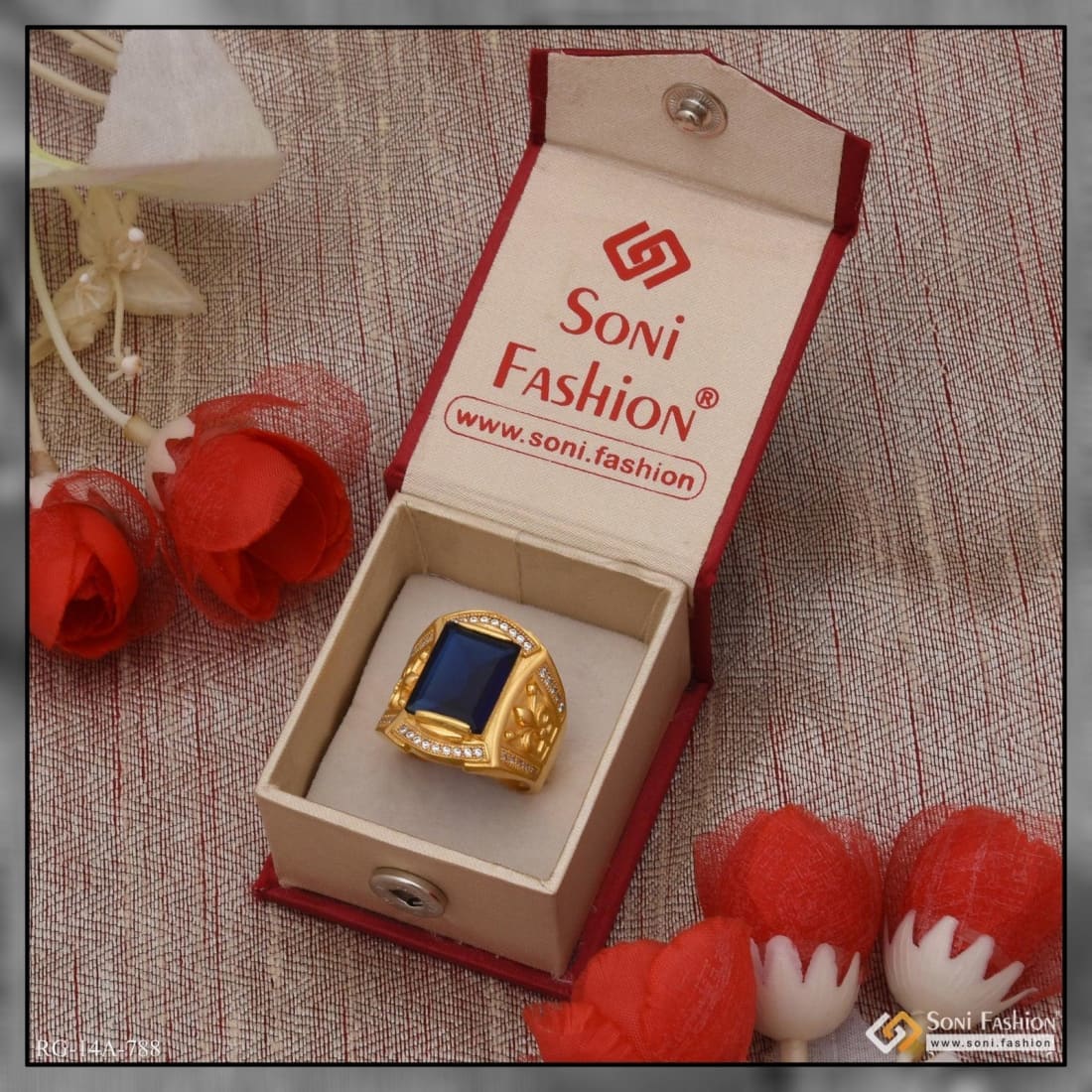 1 Gram Gold Plated Blue Stone With Diamond Funky Design Ring For Men - Style A788 - Image 5