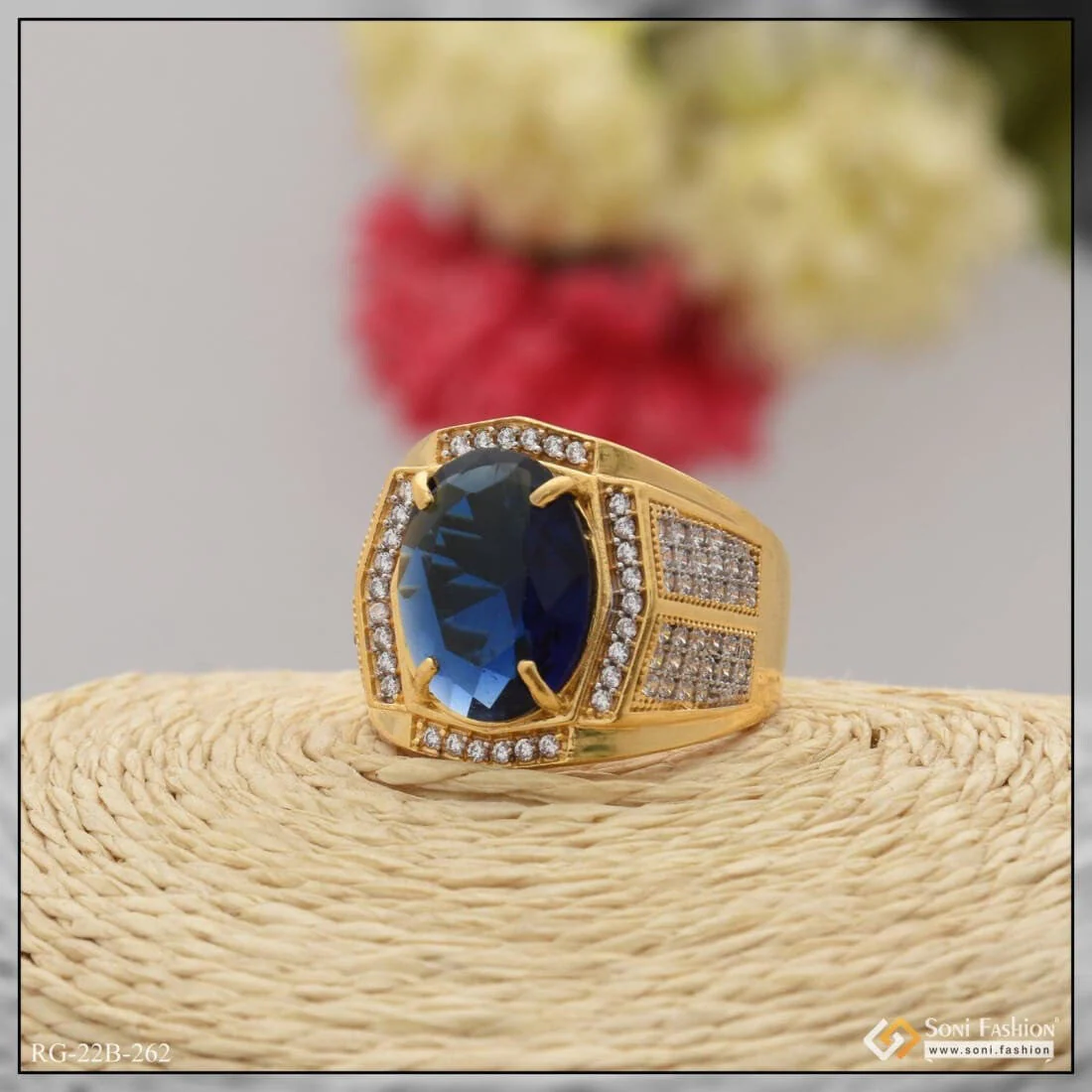 1 Gram Gold Plated Blue Stone with Diamond Funky Design Ring for Men - Style B262 - Image 5