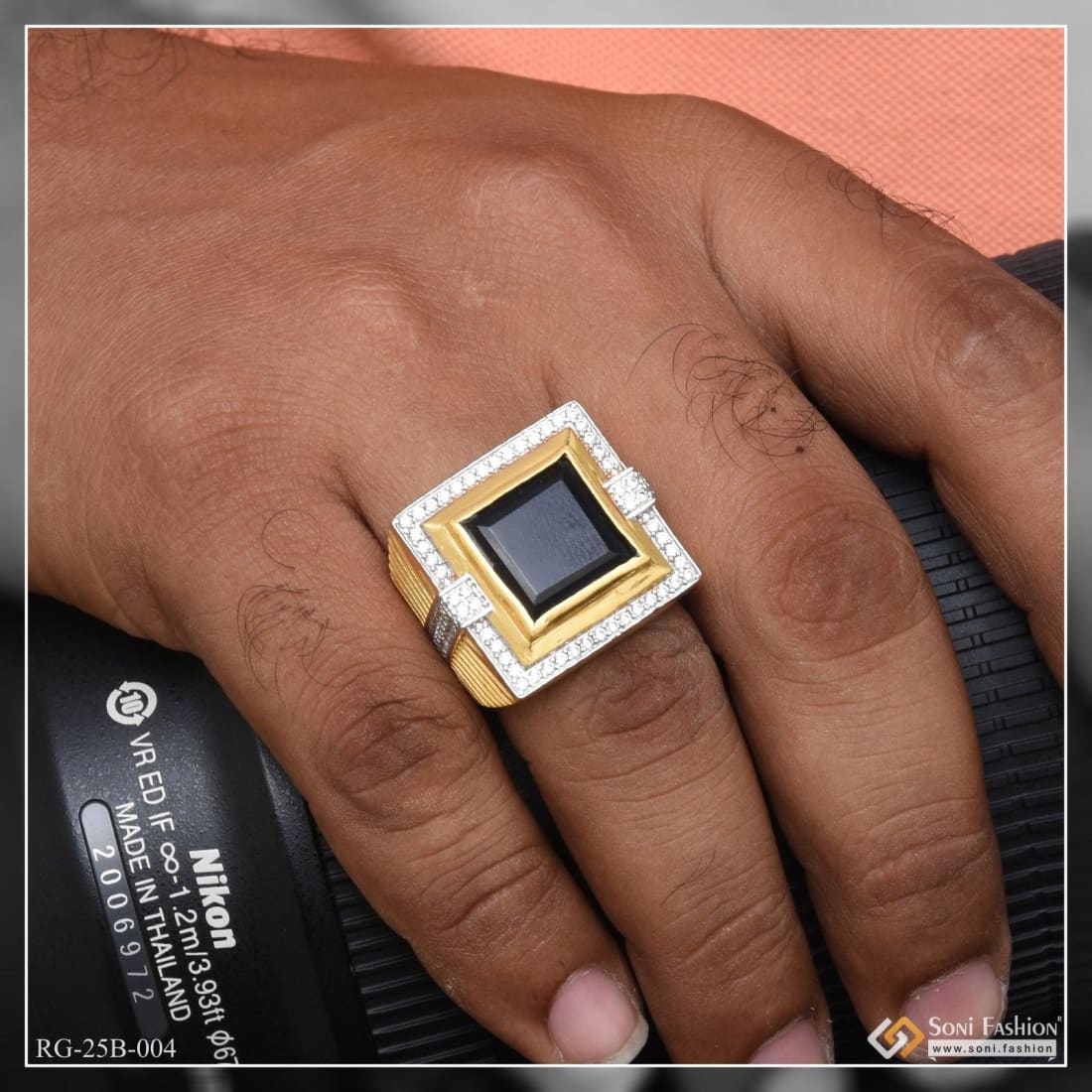 1 Gram Gold Plated Blue Stone With Diamond Glamorous Design Ring - Style B004