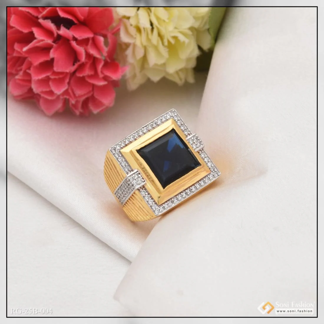 1 Gram Gold Plated Blue Stone With Diamond Glamorous Design Ring - Style B004 - Image 3
