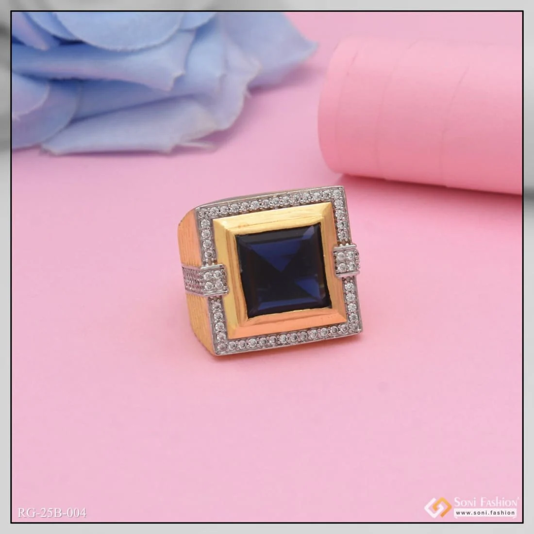 1 Gram Gold Plated Blue Stone With Diamond Glamorous Design Ring - Style B004 - Image 5
