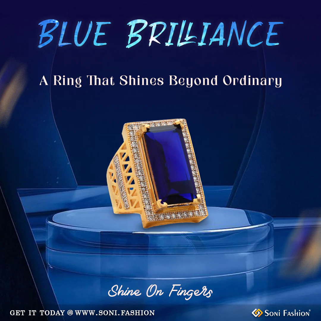 1 Gram Gold Plated Blue Stone with Diamond Glittering Design Ring - Style A959
