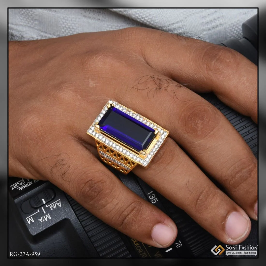 1 Gram Gold Plated Blue Stone with Diamond Glittering Design Ring - Style A959 - Image 2