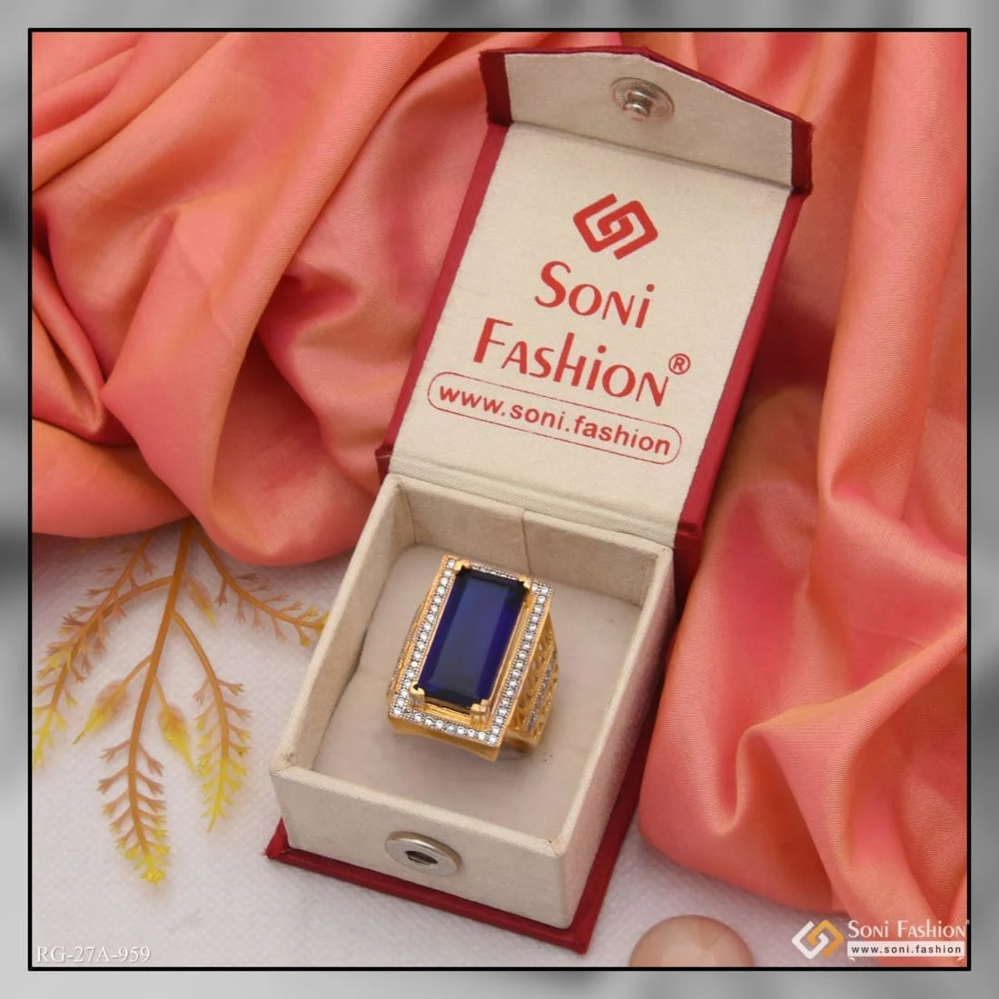 1 Gram Gold Plated Blue Stone with Diamond Glittering Design Ring - Style A959 - Image 3
