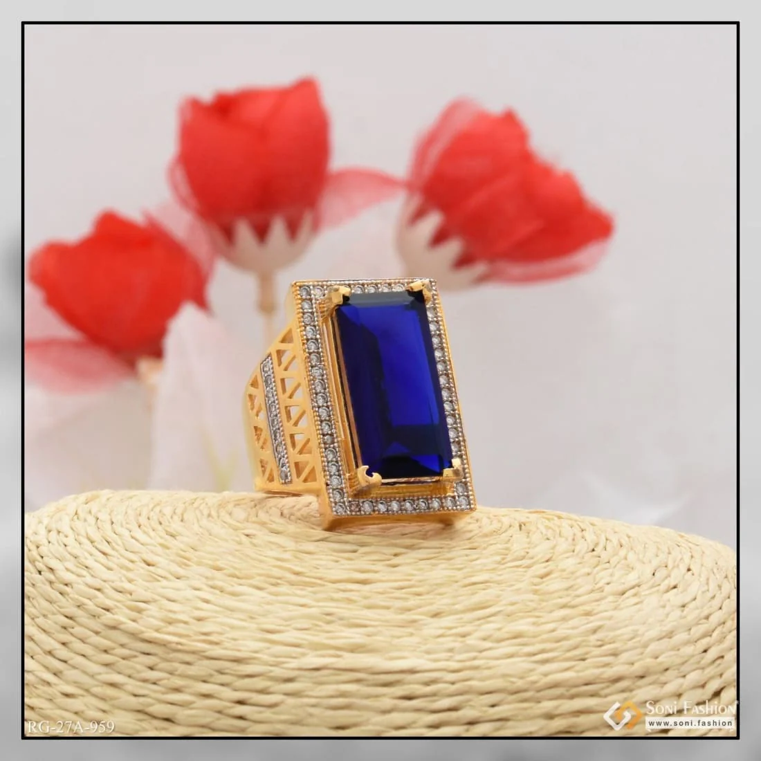 1 Gram Gold Plated Blue Stone with Diamond Glittering Design Ring - Style A959 - Image 4