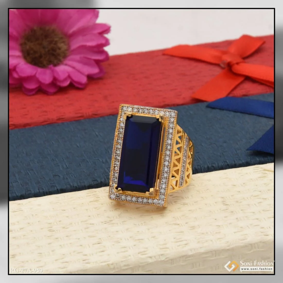 1 Gram Gold Plated Blue Stone with Diamond Glittering Design Ring - Style A959 - Image 5