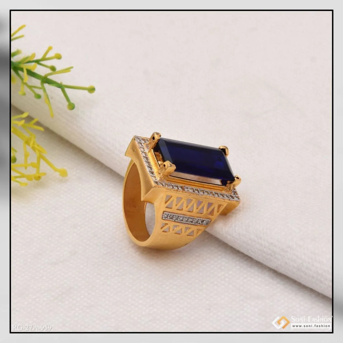 1 Gram Gold Plated Blue Stone with Diamond Glittering Design Ring - Style A959 - Image 6