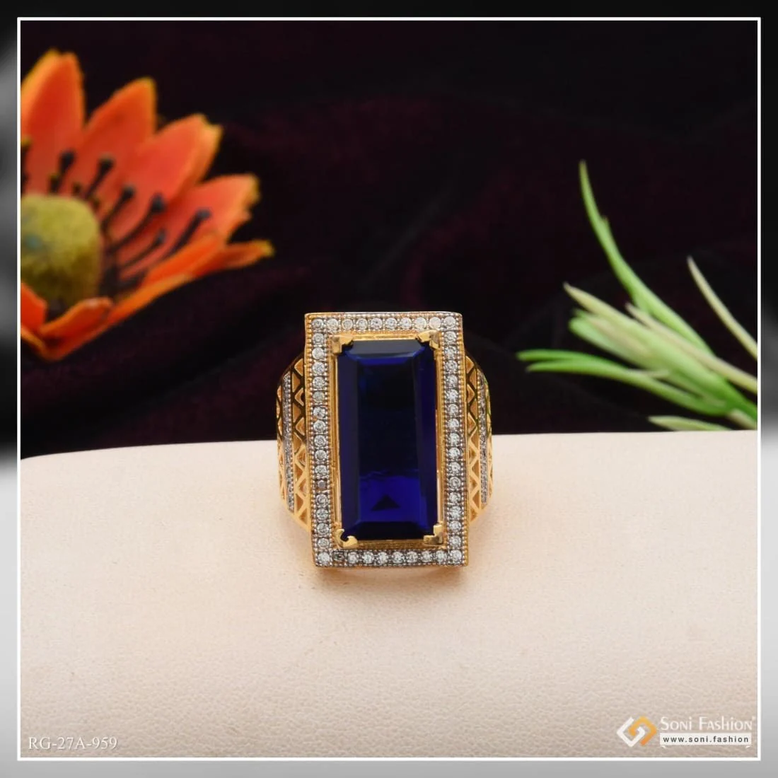 1 Gram Gold Plated Blue Stone with Diamond Glittering Design Ring - Style A959 - Image 7