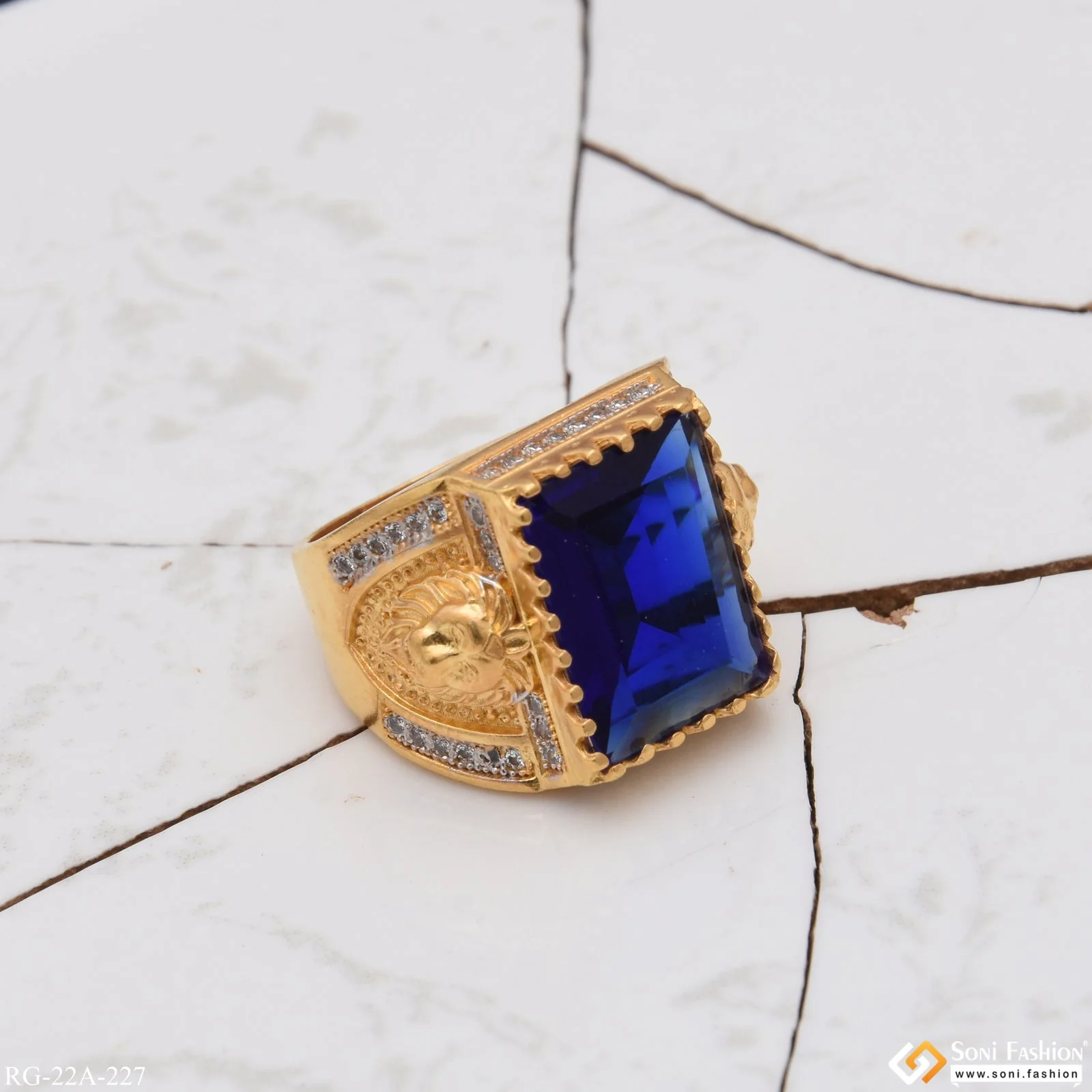 1 Gram Gold Plated Blue Stone with Diamond Gorgeous Design Ring - Style A227 - Image 3