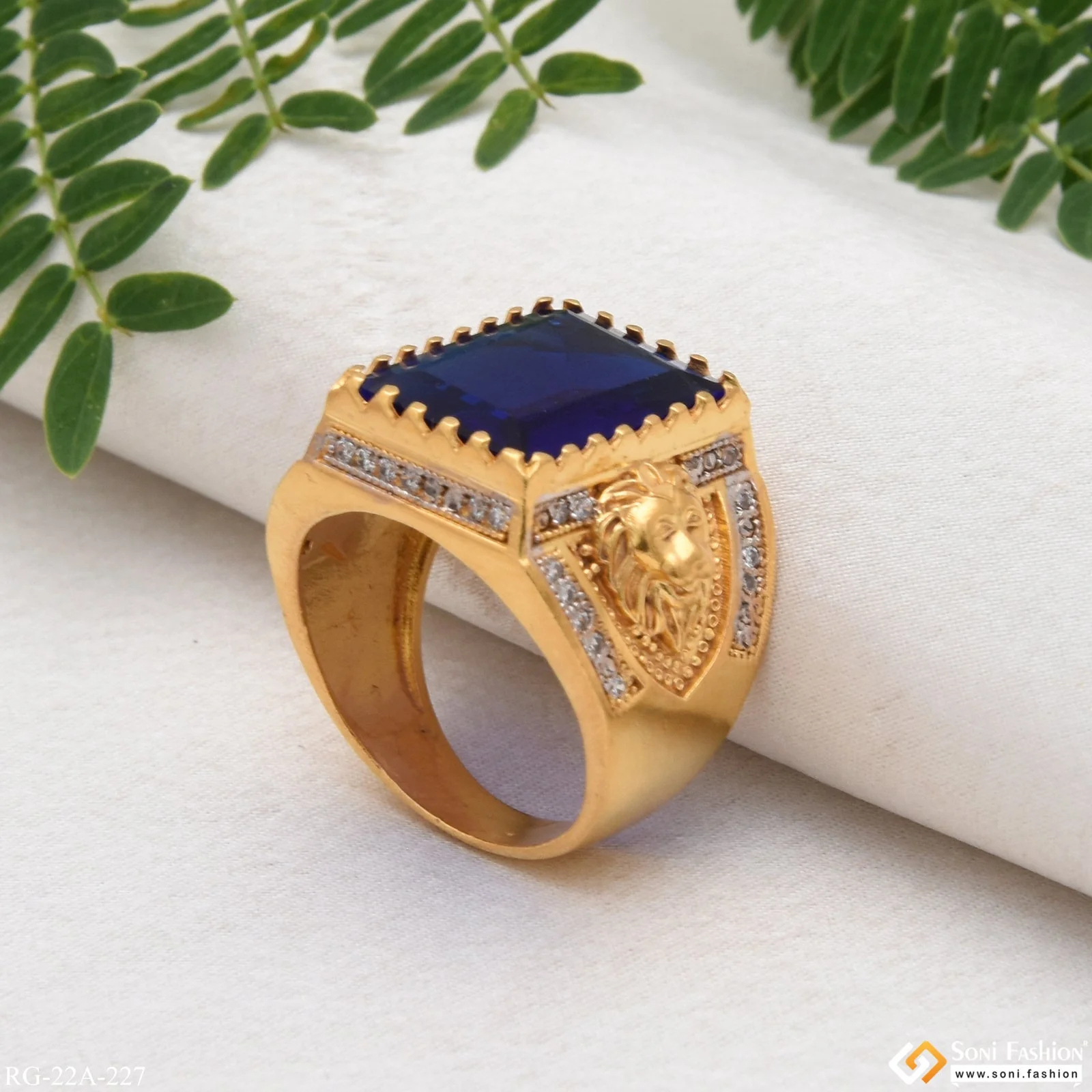 1 Gram Gold Plated Blue Stone with Diamond Gorgeous Design Ring - Style A227 - Image 4