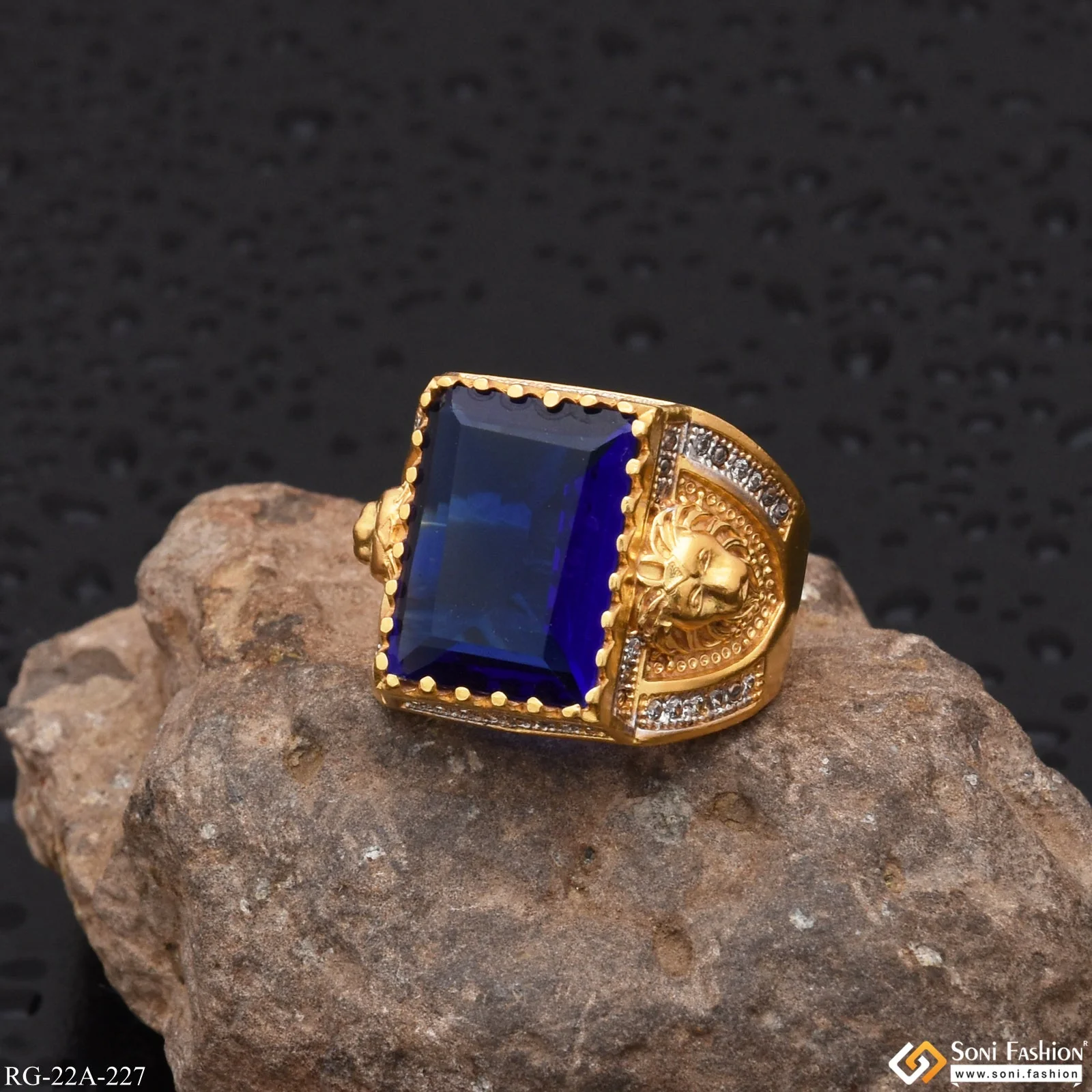 1 Gram Gold Plated Blue Stone with Diamond Gorgeous Design Ring - Style A227 - Image 5