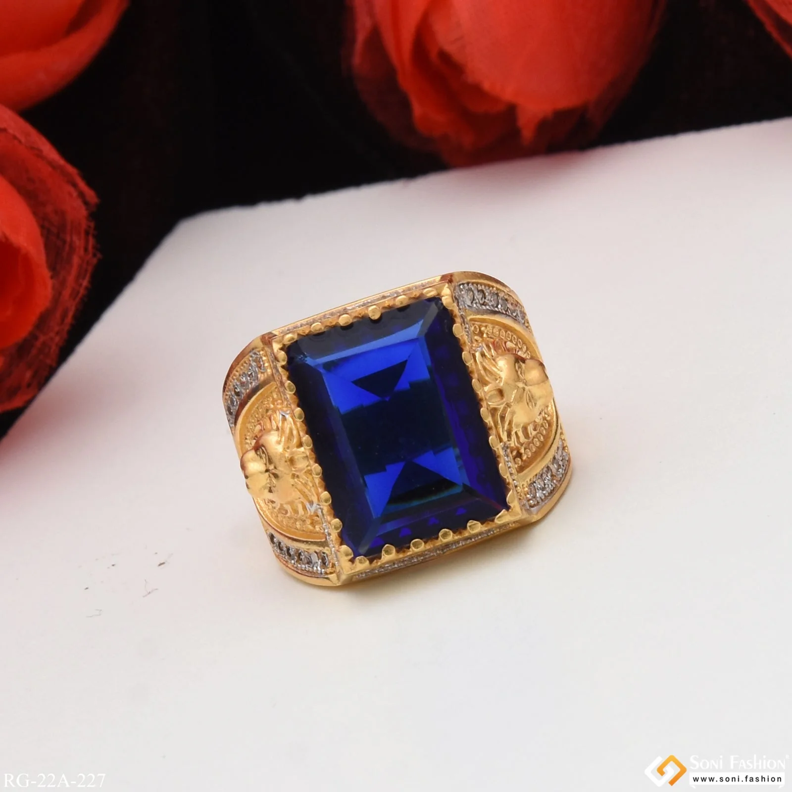 1 Gram Gold Plated Blue Stone with Diamond Gorgeous Design Ring - Style A227 - Image 6