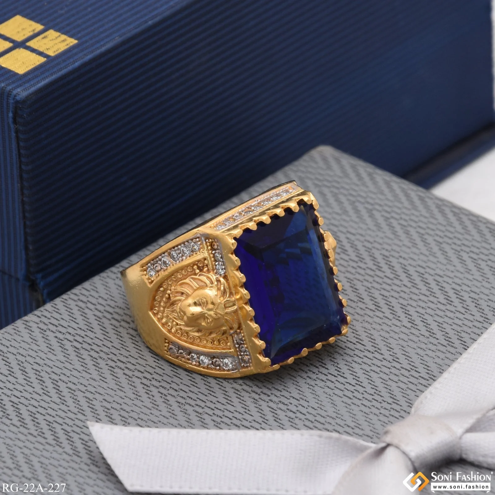 1 Gram Gold Plated Blue Stone with Diamond Gorgeous Design Ring - Style A227 - Image 7