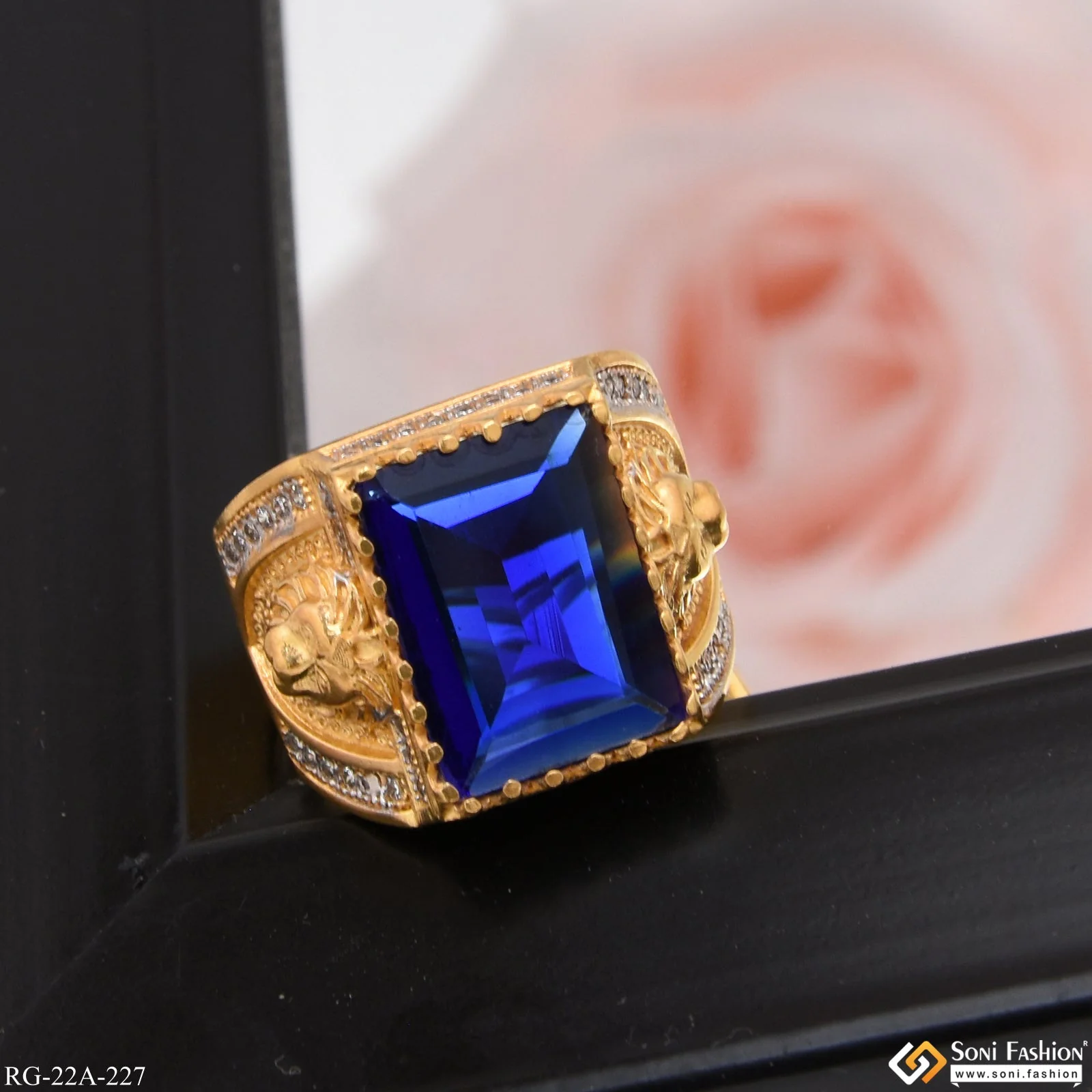 1 Gram Gold Plated Blue Stone with Diamond Gorgeous Design Ring - Style A227 - Image 8