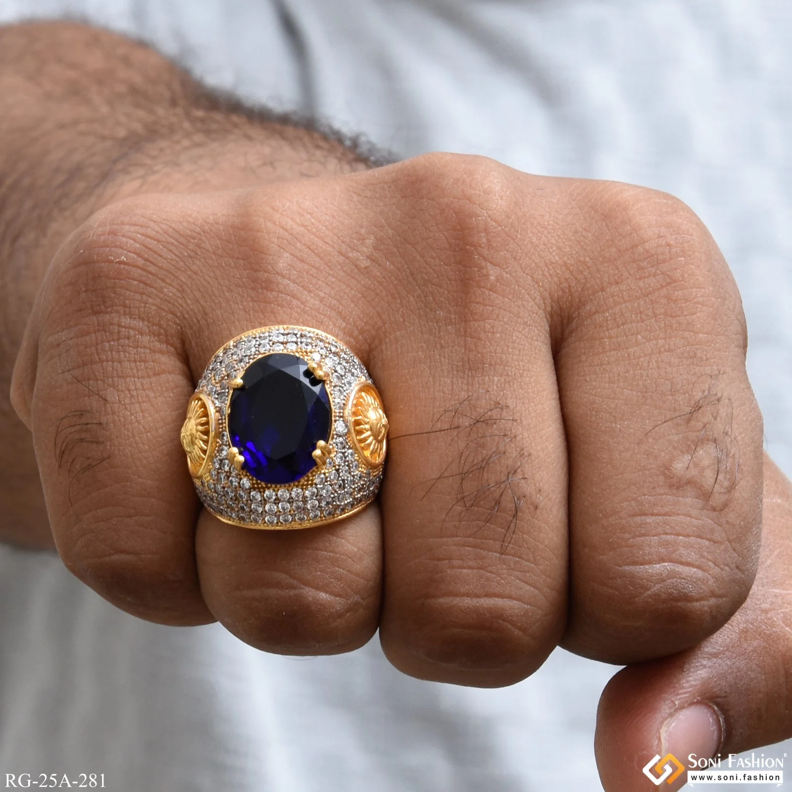 1 Gram Gold Plated Blue Stone with Diamond Gorgeous Design Ring - Style A281