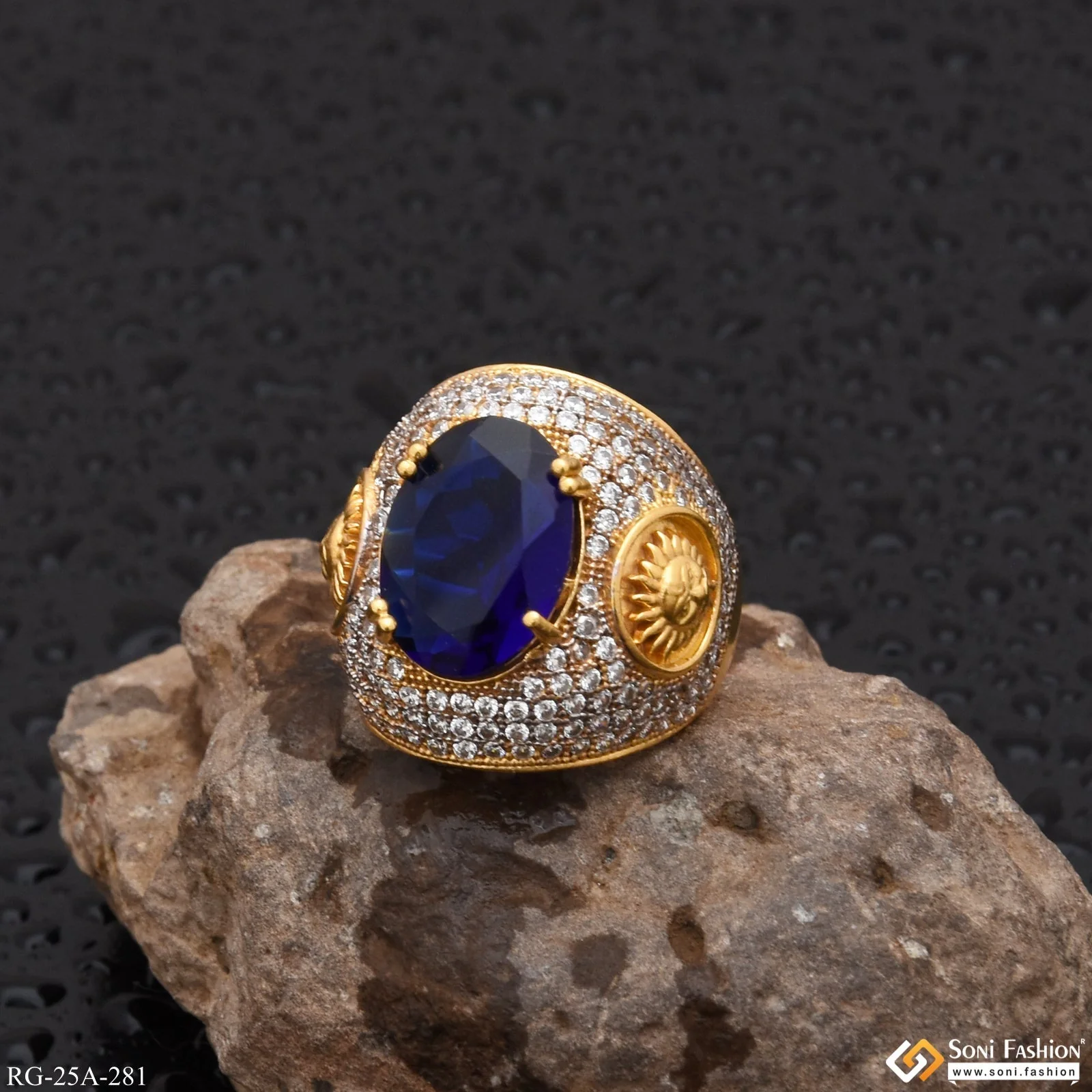 1 Gram Gold Plated Blue Stone with Diamond Gorgeous Design Ring - Style A281 - Image 2