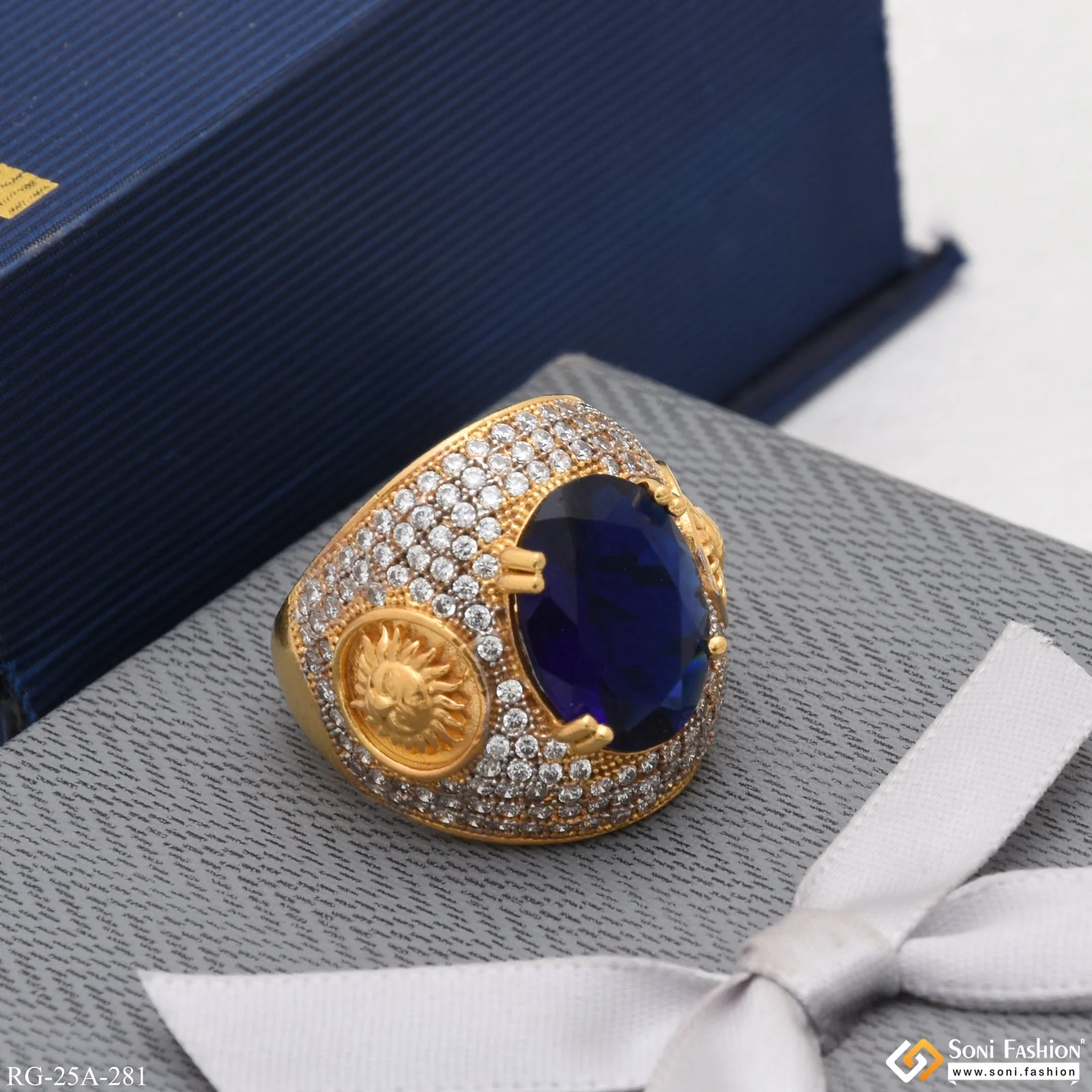 1 Gram Gold Plated Blue Stone with Diamond Gorgeous Design Ring - Style A281 - Image 3