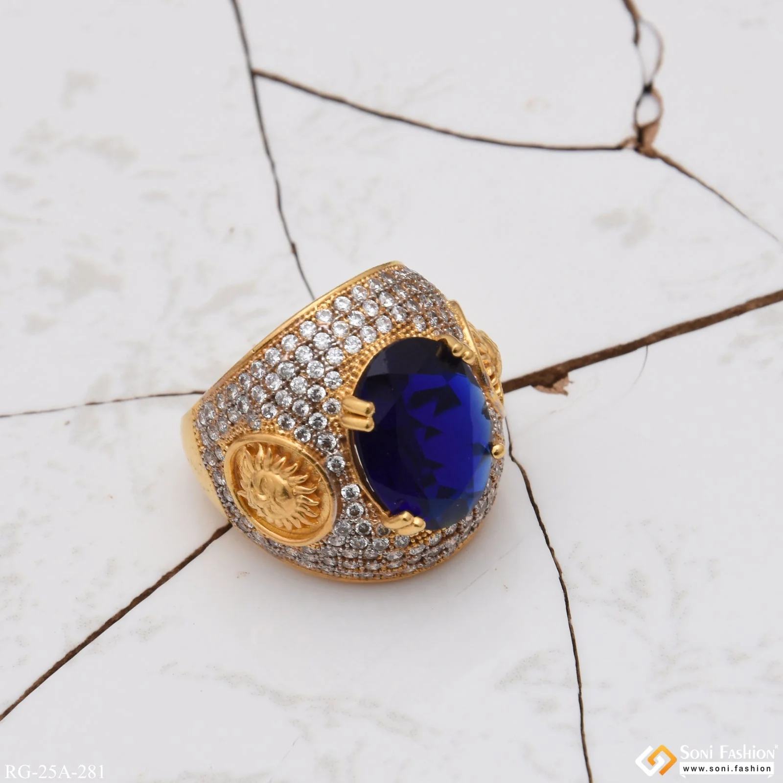 1 Gram Gold Plated Blue Stone with Diamond Gorgeous Design Ring - Style A281 - Image 4