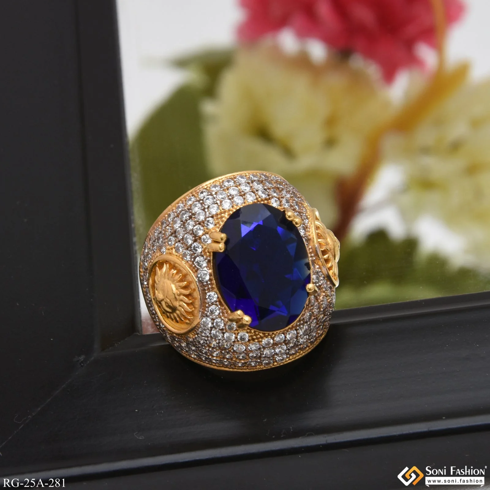 1 Gram Gold Plated Blue Stone with Diamond Gorgeous Design Ring - Style A281 - Image 5