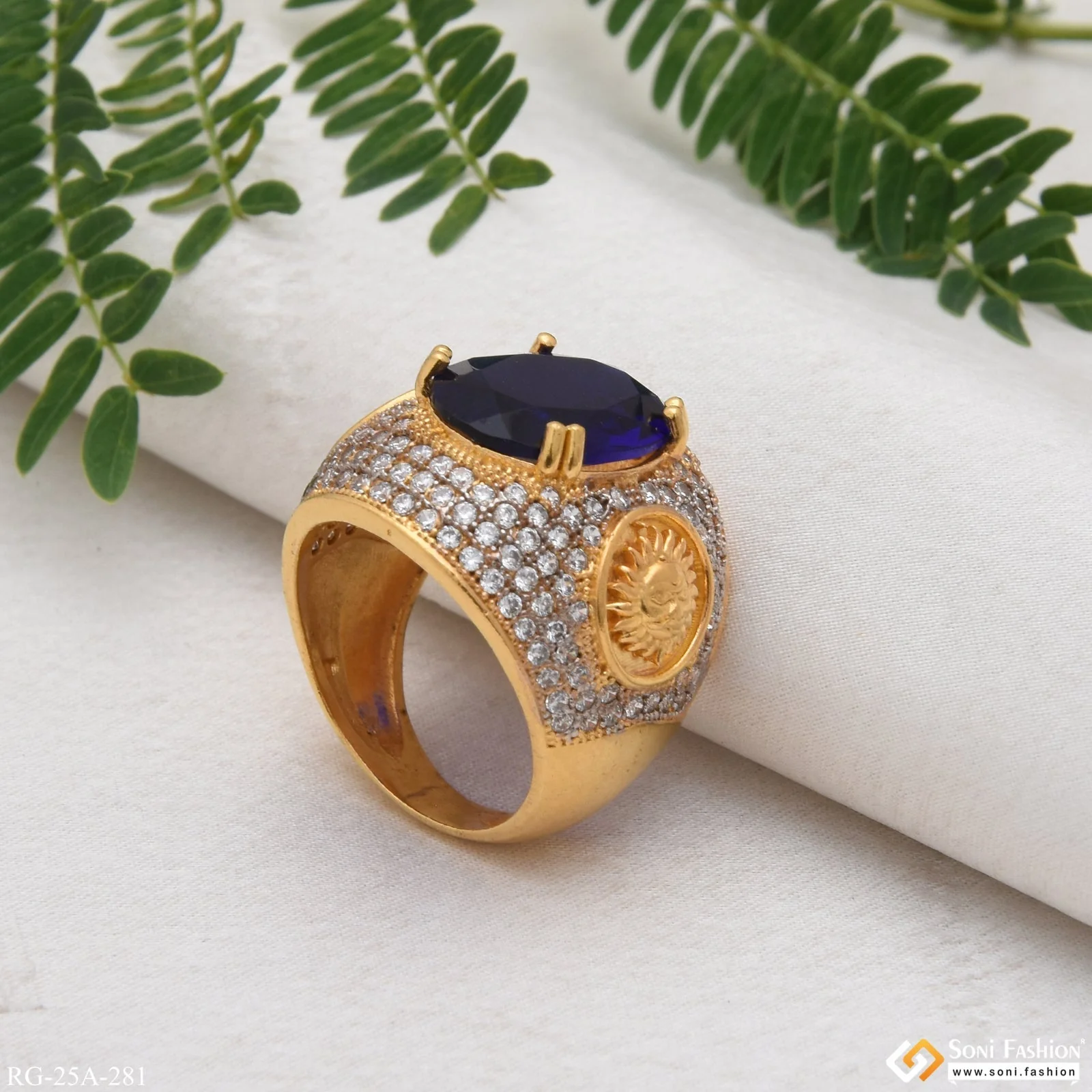 1 Gram Gold Plated Blue Stone with Diamond Gorgeous Design Ring - Style A281 - Image 6