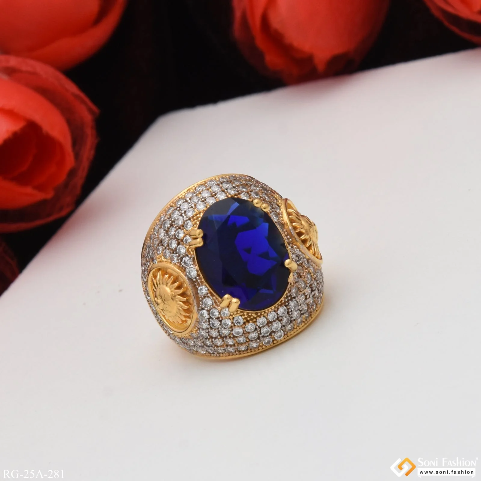 1 Gram Gold Plated Blue Stone with Diamond Gorgeous Design Ring - Style A281 - Image 7