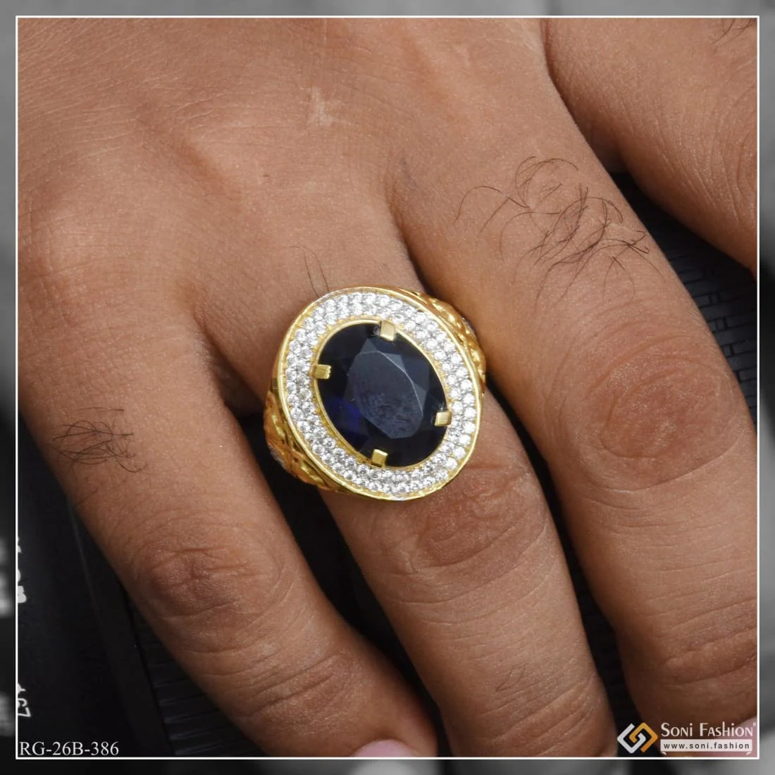 1 Gram Gold Plated Blue Stone With Diamond Hand-crafted Ring For Men - Style B386