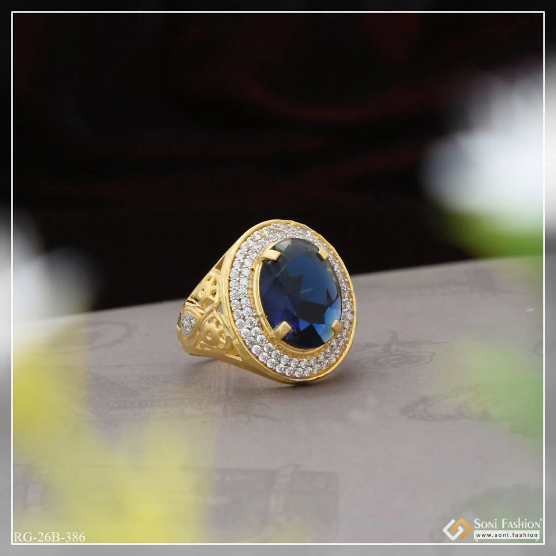 1 Gram Gold Plated Blue Stone With Diamond Hand-crafted Ring For Men - Style B386 - Image 2