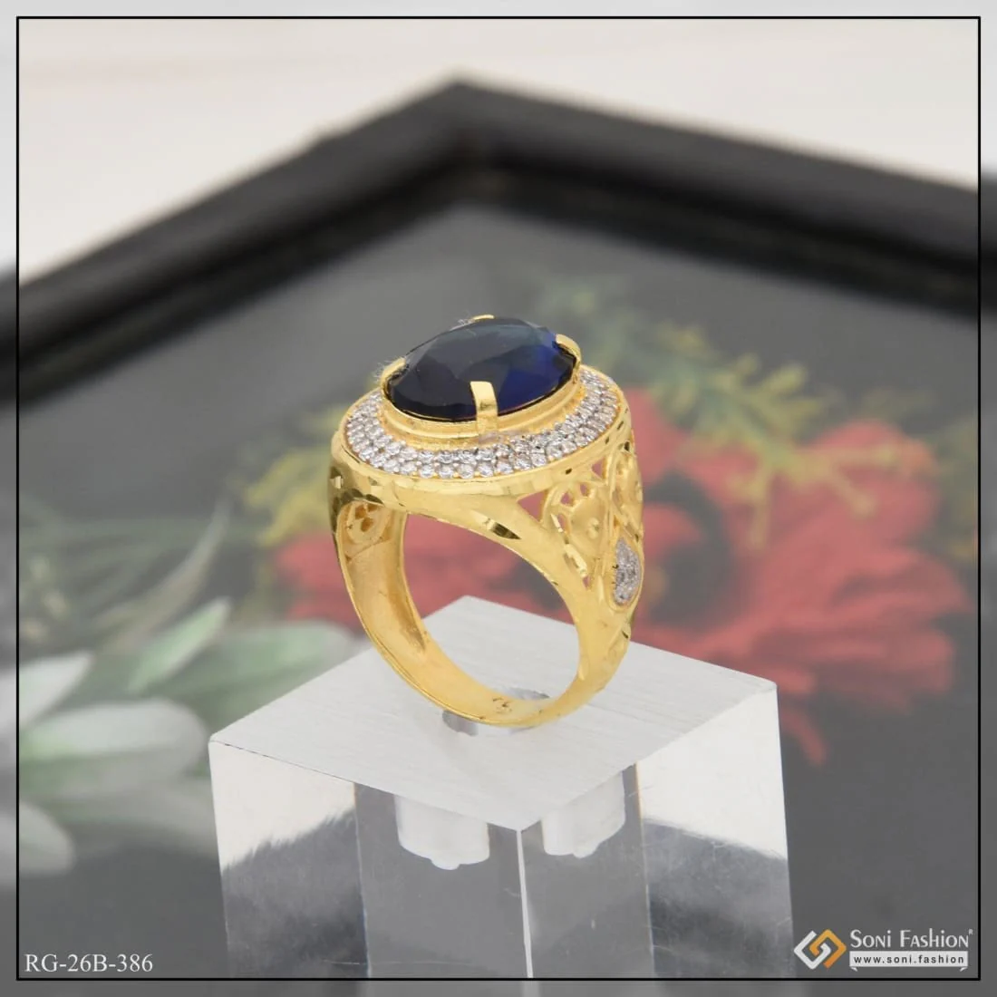 1 Gram Gold Plated Blue Stone With Diamond Hand-crafted Ring For Men - Style B386 - Image 3