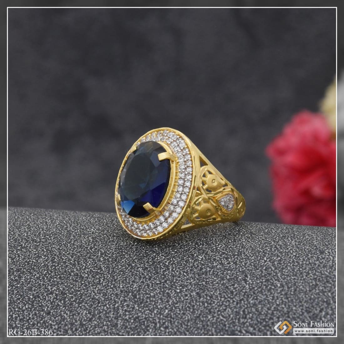 1 Gram Gold Plated Blue Stone With Diamond Hand-crafted Ring For Men - Style B386 - Image 4