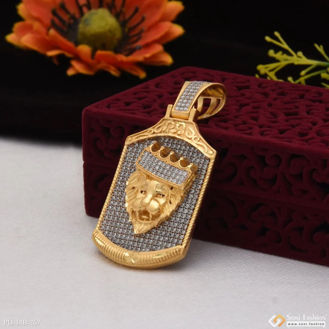 1 Gram Gold Plated Crown On Lion With Diamond Best Quality Pendant - Style B267 - Image 2