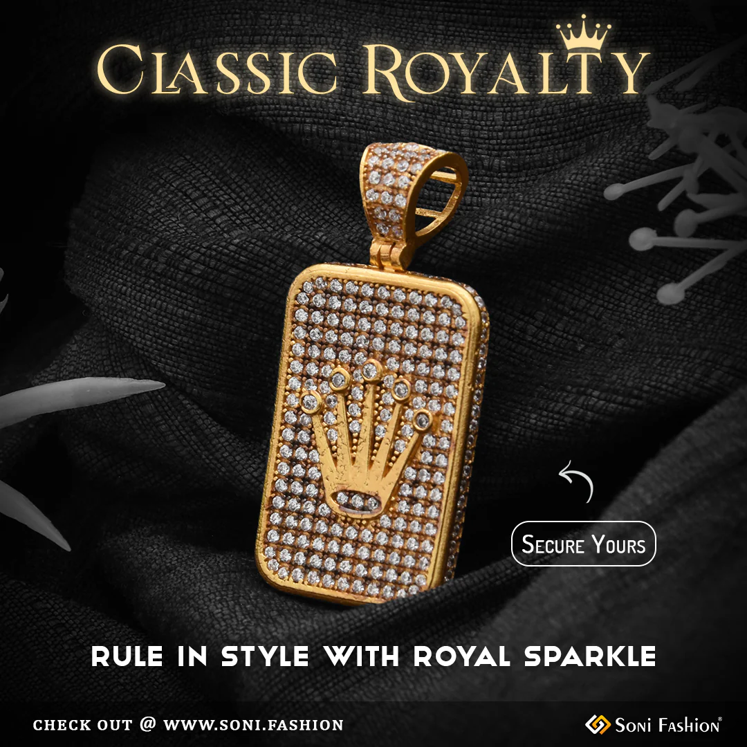 1 Gram Gold Plated Crown with Diamond Classic Design Superior Quality Pendant for Men - Style B300