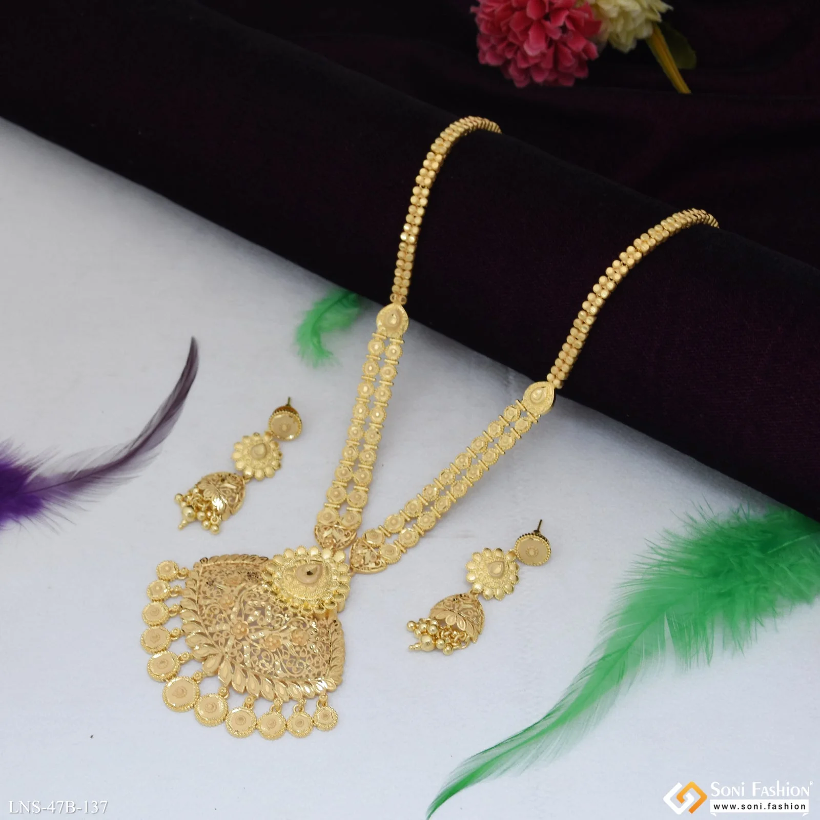 1 Gram Gold Plated Designer Rani Haar Necklace Set for Women - Style B137 - Image 2