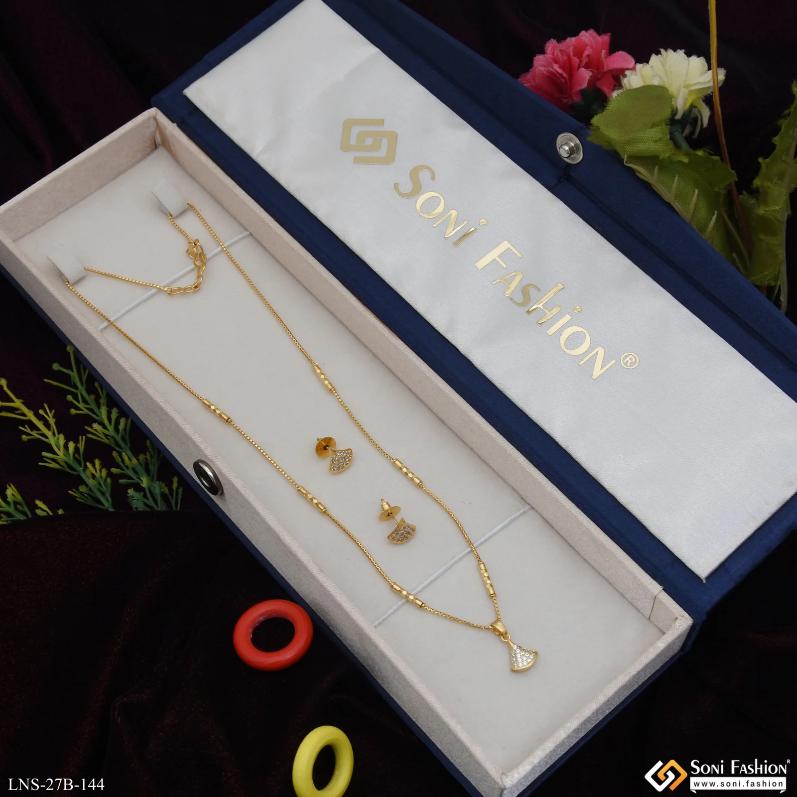 1 Gram Gold Plated Diamond Pendant Necklace Set For Ladies - Style B144 - Image 3