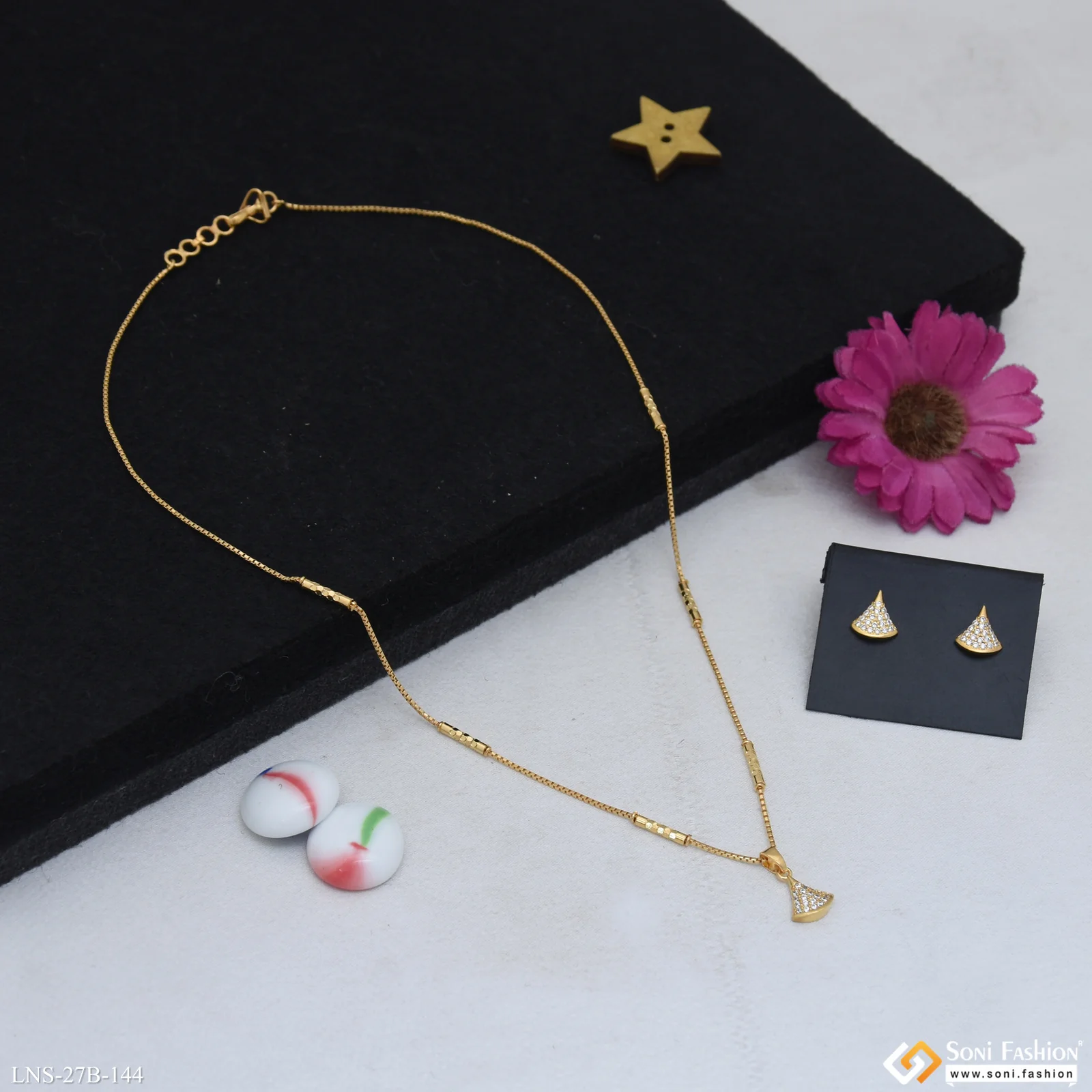 1 Gram Gold Plated Diamond Pendant Necklace Set For Ladies - Style B144 - Image 6