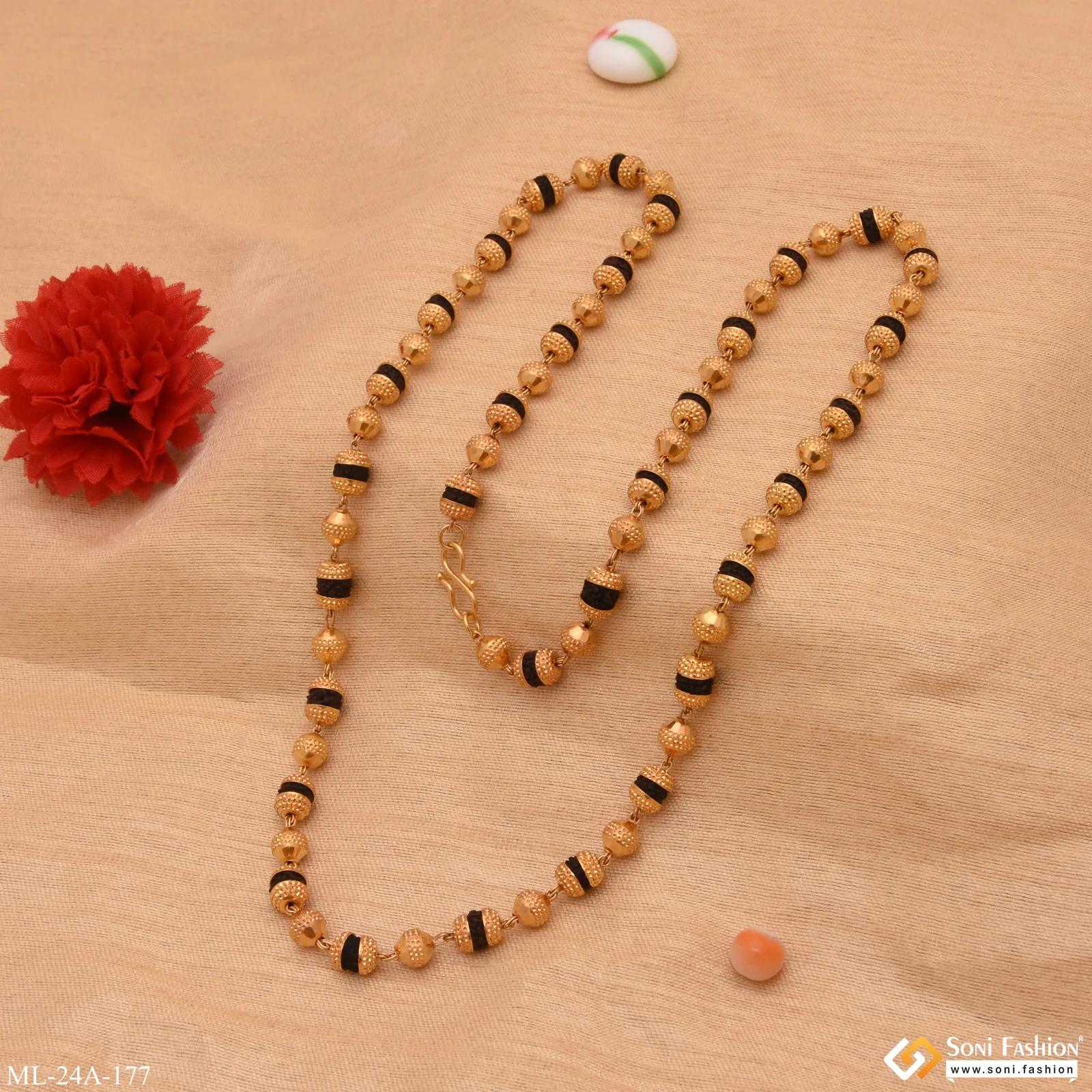 1 Gram Gold Plated Etched Design Rudraksha Mala for Men - Style A177 - Image 5