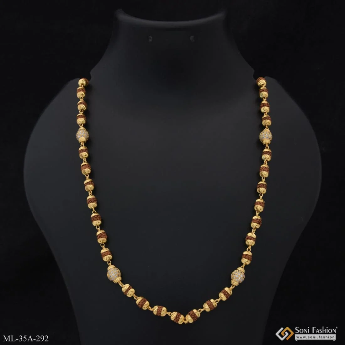 1 Gram Gold Plated Etched Design Rudraksha Mala for Men - Style A292 - Image 3
